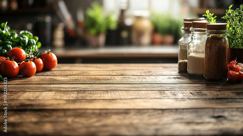 Rustic kitchen countertop with fresh vegetables and herbs in jars during daylight hours Rustic kitchen countertop with fresh vegetables and herbs in jars during daylight hours