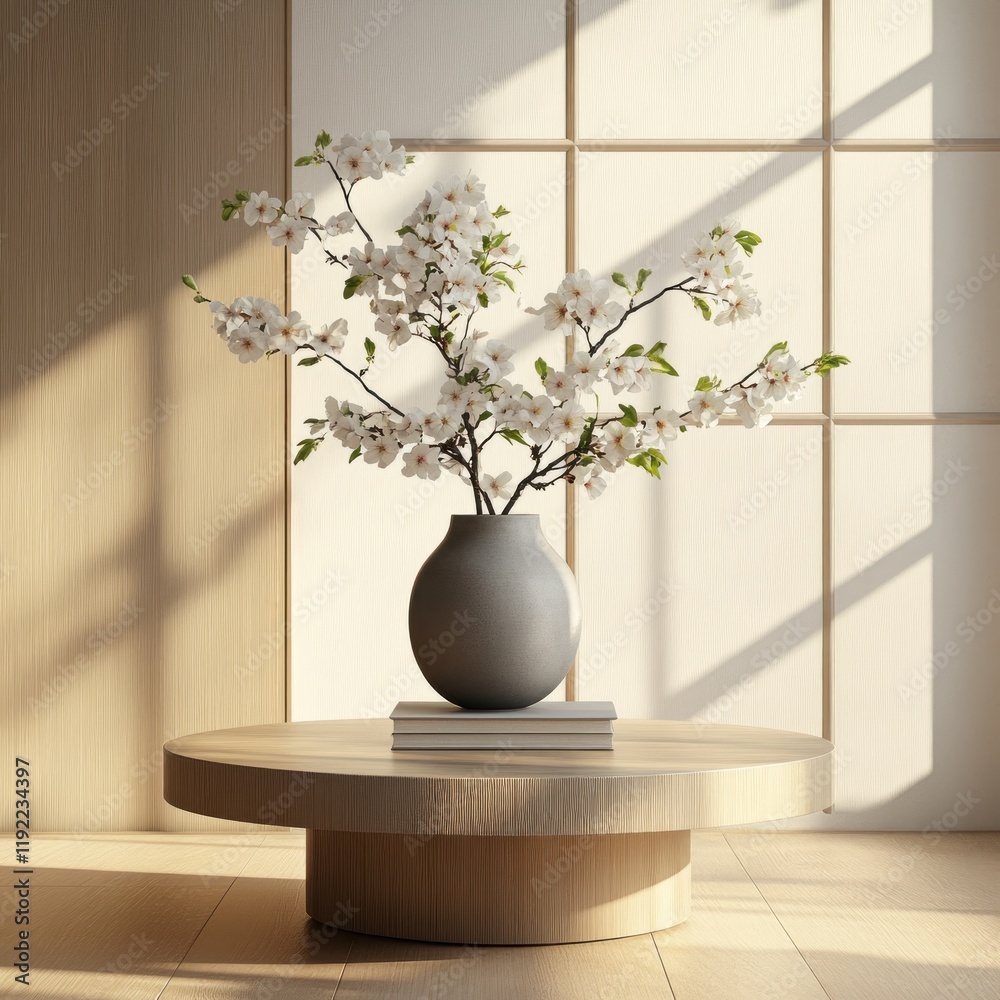 Minimalist interior with cherry blossom branches in a grey vase on a round wooden table. Minimalist interior with cherry blossom branches in a grey vase on a round wooden table.