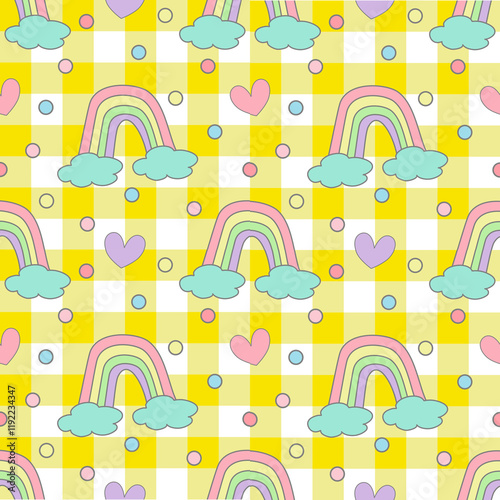 Rainbow with heart polka dot on yellow gingham.
