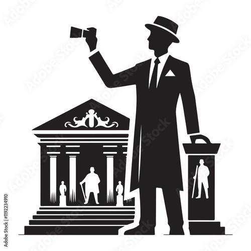 Museum Curator Silhouette Vector Illustration, Solid White Background.