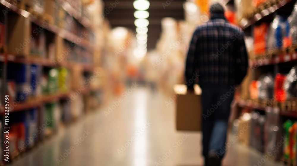 A warehouse worker is carrying a box through an aisle filled with shelves stacked high with various products in a busy environment A warehouse worker is carrying a box through an aisle filled with shelves stacked high with various products in a busy environment