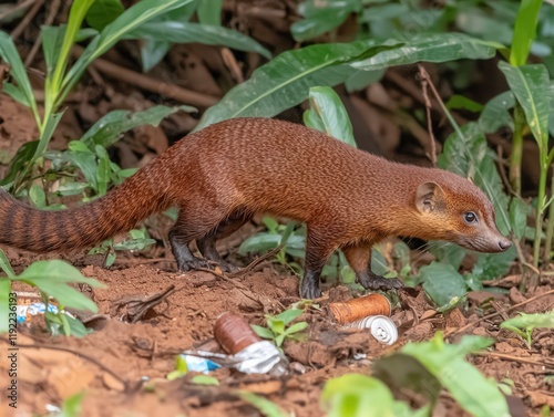 A striking reddish-brown Javan mongoose ambles through lush green foliage, near discarded cans, showcasing its vibrant fur and captivating gaze. photo