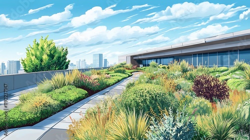 Depiction of green roofs featuring thriving plants sustainable urban design photo