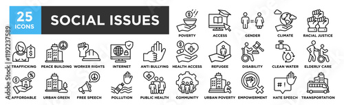 Social Issues icon collection set. Containing design Poverty, Education Access, Gender Equality, Climate Action, Racial Justice