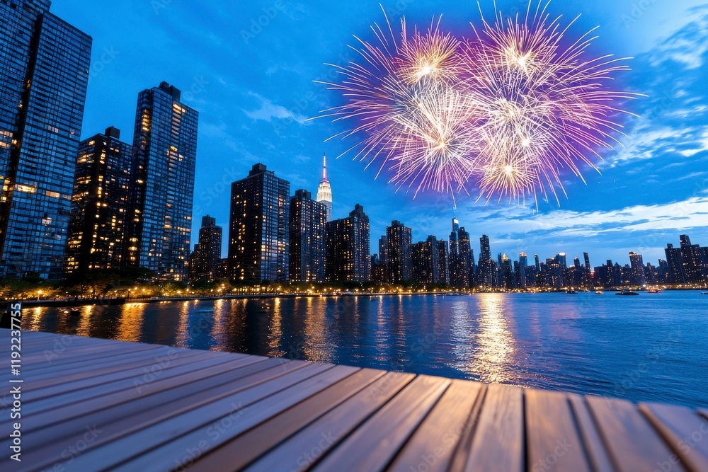 Obraz premium Fireworks Over Urban Skyline at Dusk with Reflections on Water