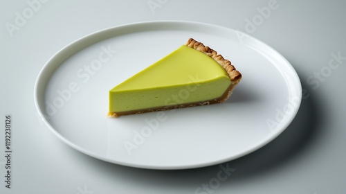 Slice of green lime cheese cake minimalist white round plate, simple clean white background