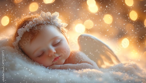 Baby angel nestled in snowflakes on a serene winter night, twinkling lights glowing softly, peaceful woodland background, gentle snow falling, tranquil and magical scene photo