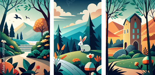 Collection of abstract easter posters with scenic landscapes and rabbit
