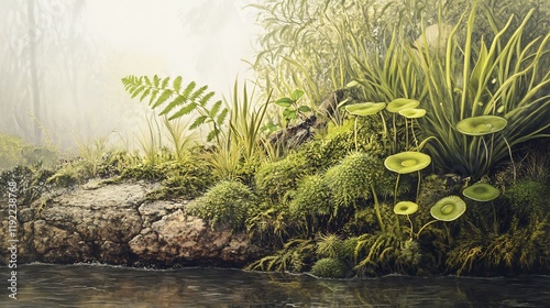 Depiction of nonvascular plants featuring mosses liverworts thriving in a moist habitat photo