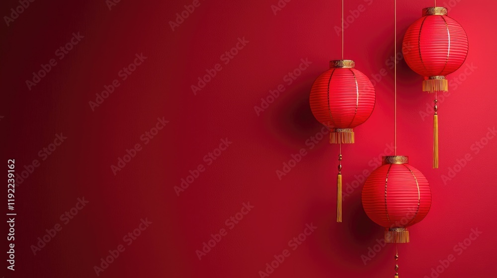Red lanterns hang against a red wall; celebration background Red lanterns hang against a red wall; celebration background
