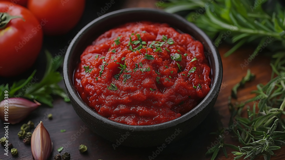 Bowl of tomato paste and tomatoes. Bowl of tasty tomato sauce on wooden table Bowl of tomato paste and tomatoes. Bowl of tasty tomato sauce on wooden table
