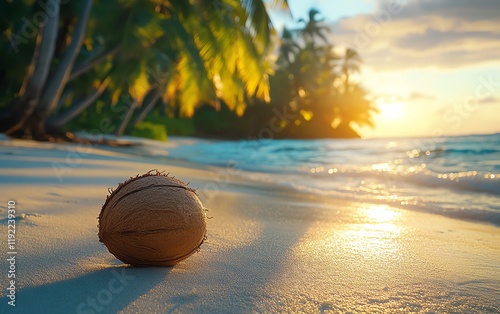 Coconut on a sunlit sandy shore, sunset glowing behind tall palm trees, tropical beach ambiance, warm sunlight reflecting on the water, serene atmosphere photo