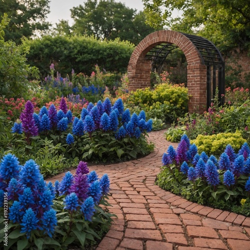 Blue celosia flowers in a flowerbed with a brick garden path and arbor. photo