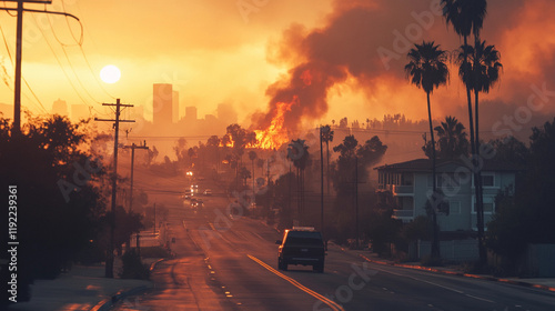 Angeles wildfires impact cityscape at sunset with smoke rising. Generative AI