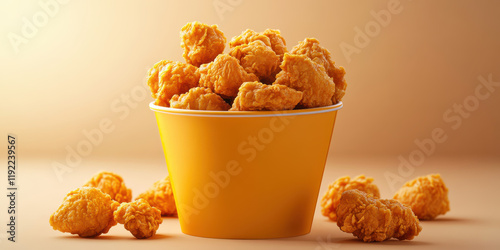 Delicious fried chicken in a yellow bucket on a soft background. photo
