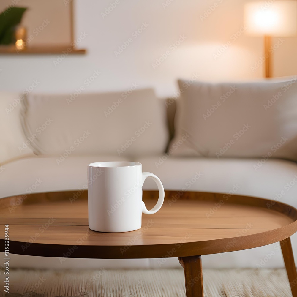 Blank white mug close up mockup on blur living room background. Blank white mug close up mockup on blur living room background.