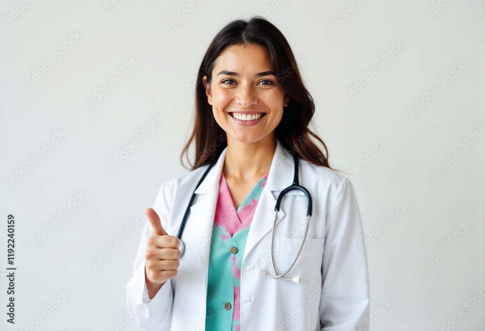 Cheerful woman doctor's outfit smiling and giving a thumbs up on a white background Cheerful woman doctor's outfit smiling and giving a thumbs up on a white background