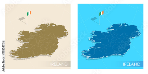 Ireland country flag installed on geographic positioning map point of country territory. Irish commonwealth banner on land and sea. Festive patriotic HD format template for independence day