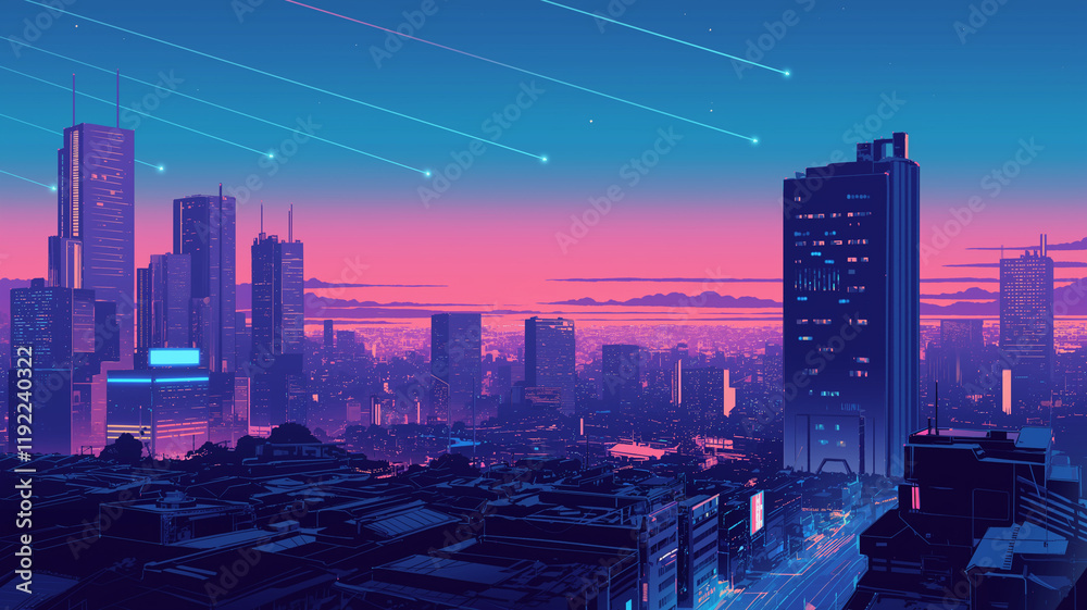 Obraz premium 高層ビルと流れ星の共演｜夜の都会を描いたイラスト。日本、アジアをイメージした都会。アニメモチーフのイラスト素材。