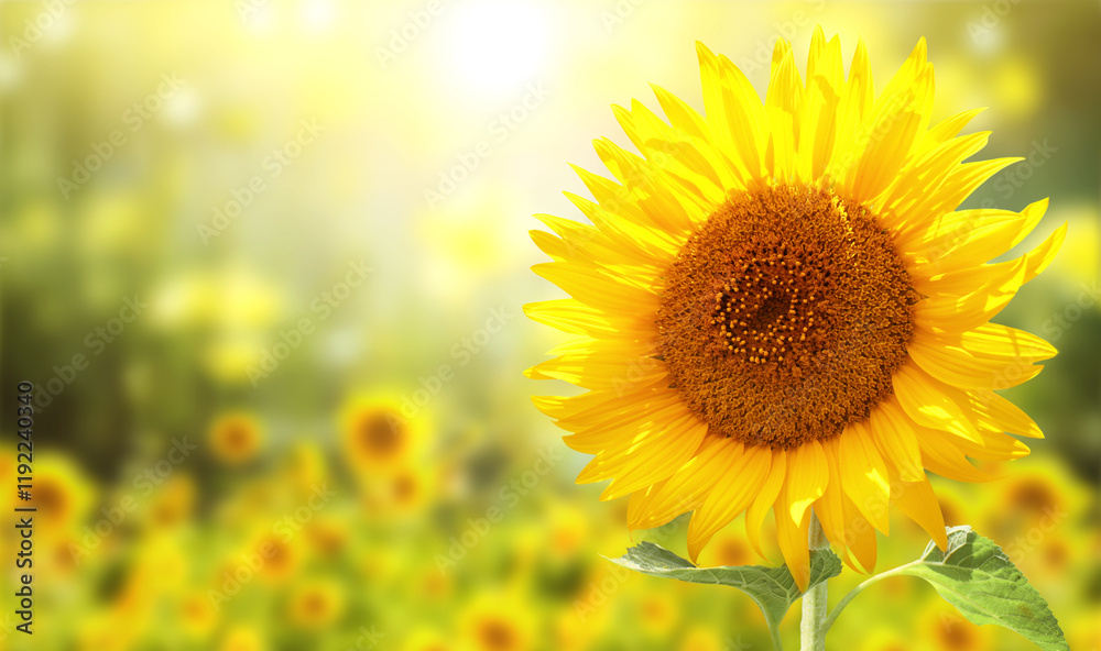 Sunflower on blurred sunny nature background. Horizontal agriculture summer banner with sunflowers field. Organic food production. Harvest of farm product. Oilseed crop. Copy space for text Sunflower on blurred sunny nature background. Horizontal agriculture summer banner with sunflowers field. Organic food production. Harvest of farm product. Oilseed crop. Copy space for text