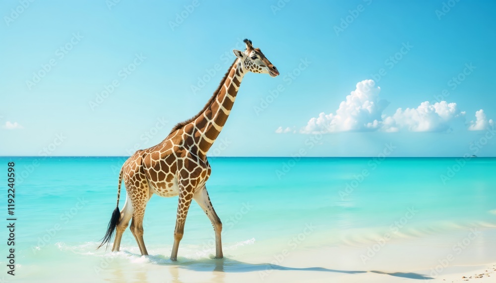 Obraz premium Giraffe standing in shallow water with a tranquil light blue ocean in the background