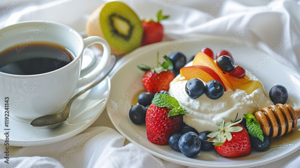 Greek yogurt dish with fresh fruits, honey, and a cup of hot coffee Greek yogurt dish with fresh fruits, honey, and a cup of hot coffee