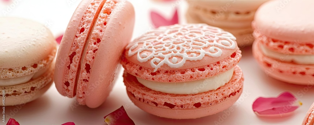 Obraz premium Valentine macarons idea. Delicious pink macarons with intricate designs on a soft background.