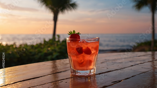 Strawberry cocktail on a sunny beach with fresh fruit, ice, and mint for a refreshing summer drink photo