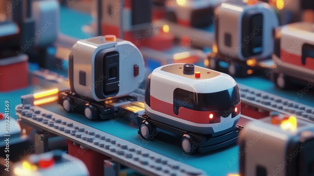 Automated guided vehicles transporting goods on a factory floor. Automated guided vehicles transporting goods on a factory floor.