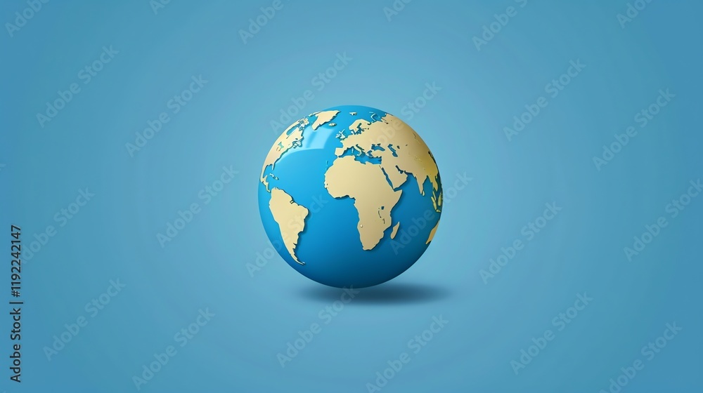 A simple blue 3D globe with white continents on a blue background. A simple blue 3D globe with white continents on a blue background.