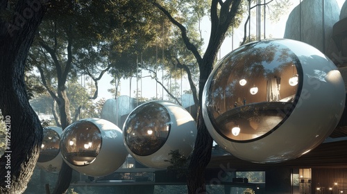 Futuristic Treetop Habitats: Spherical Living Pods Suspended Among Lush Foliage photo