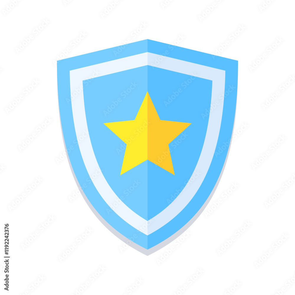 Flat blue shield icon with a yellow star in the center. Modern design, perfect for security, protection, or law enforcement themes. Minimalistic and versatile for digital and print use Flat blue shield icon with a yellow star in the center. Modern design, perfect for security, protection, or law enforcement themes. Minimalistic and versatile for digital and print use