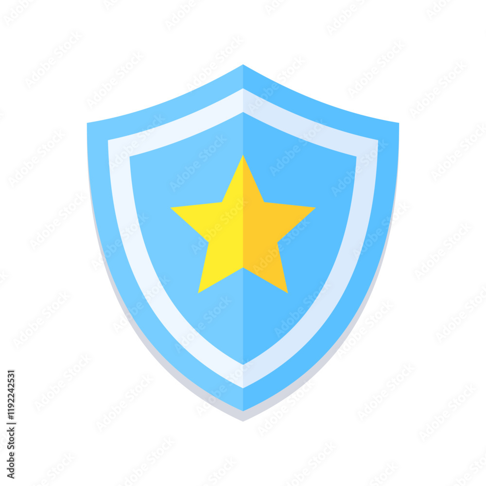 Flat blue shield icon with a yellow star in the center. Modern design, perfect for security, protection, or law enforcement themes. Minimalistic and versatile for digital and print use Flat blue shield icon with a yellow star in the center. Modern design, perfect for security, protection, or law enforcement themes. Minimalistic and versatile for digital and print use