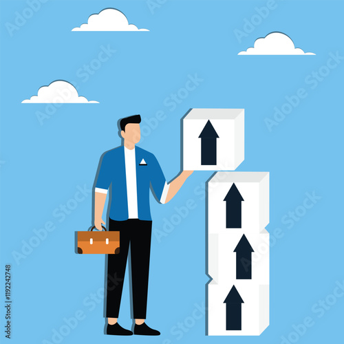 Business, career or profit growth, budget or cost increase, businessman keeps stacking the cube upwards with arrow symbols