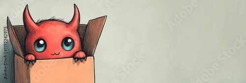 Cute little red devil hiding in cardboard box