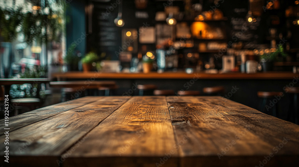 Rustic wooden table in a cozy cafe with warm lighting and inviting decor Rustic wooden table in a cozy cafe with warm lighting and inviting decor