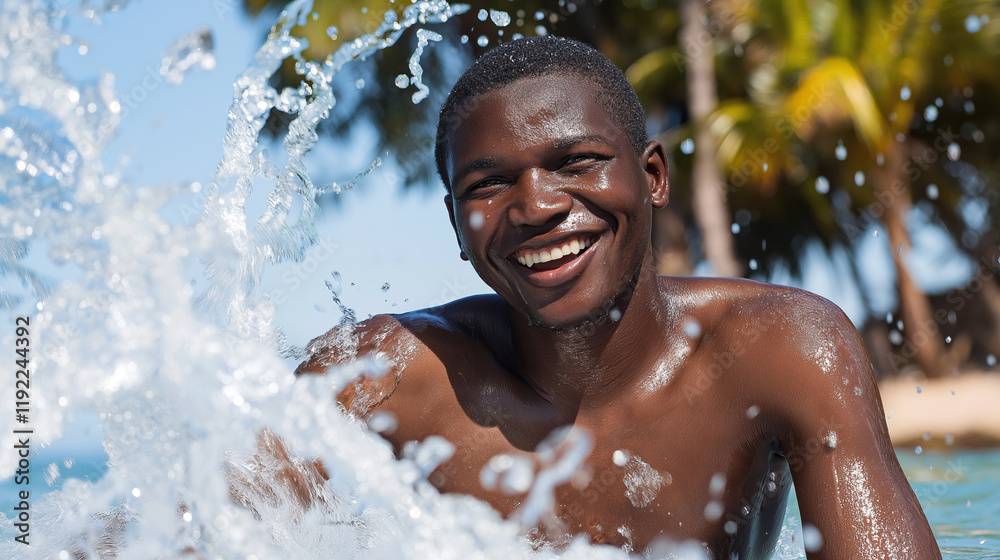 Obraz premium Joyful man playing in beach water splash