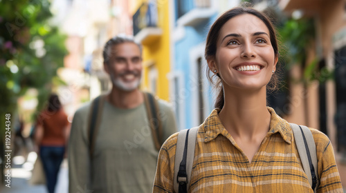 Young travelers exploring colorful urban street