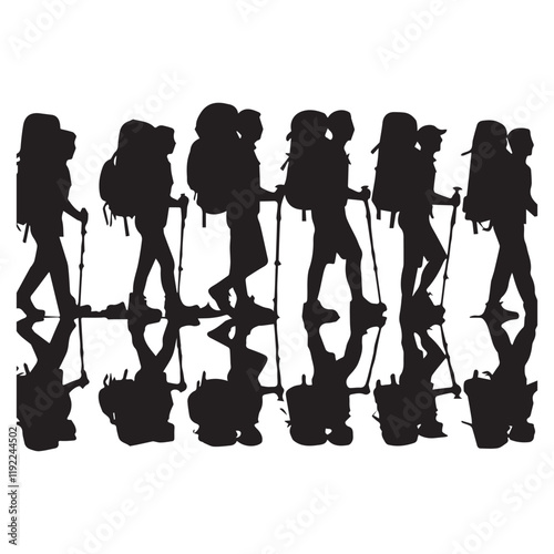 Set of silhouette of Hiking man. hikers with rucksacks and backpack silhouette.