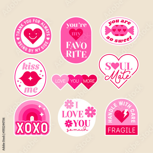 Set of cute pink stickers for valentine’s day. Love concept quotes with typography design.
