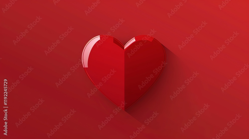 A glossy, red heart with a long shadow on a red background. A glossy, red heart with a long shadow on a red background.