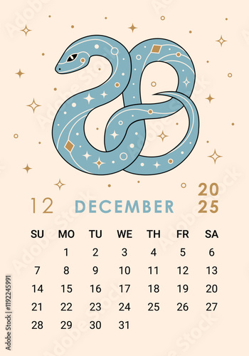 Modern 2025 calendar page for December with blue decorative snake. Week starts on Sunday. Perfect for desk or wall calendars, planners, or promotional materials, corporate calendars for the Year of