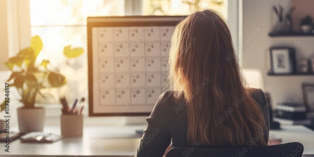 Woman Working at Desk in Home Office with Computer and Calendar in Bright Sunlight Woman Working at Desk in Home Office with Computer and Calendar in Bright Sunlight