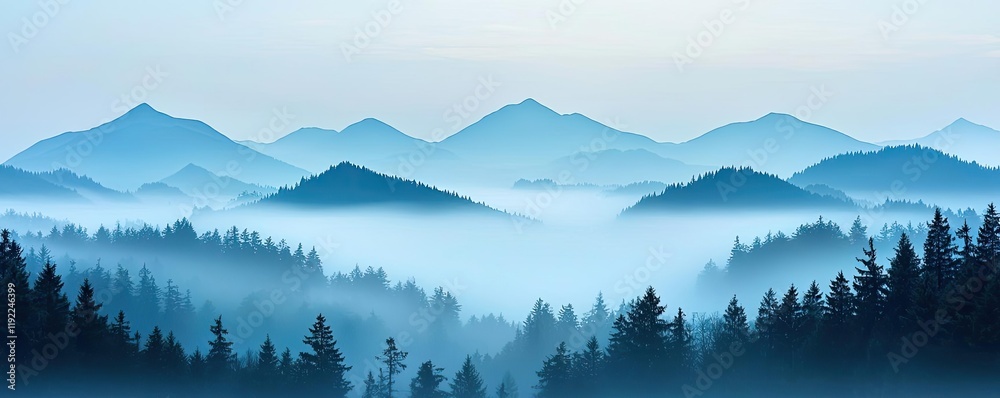 Obraz premium Blurred abstract background concept. Misty mountains and pine forests create a serene, tranquil natural landscape.