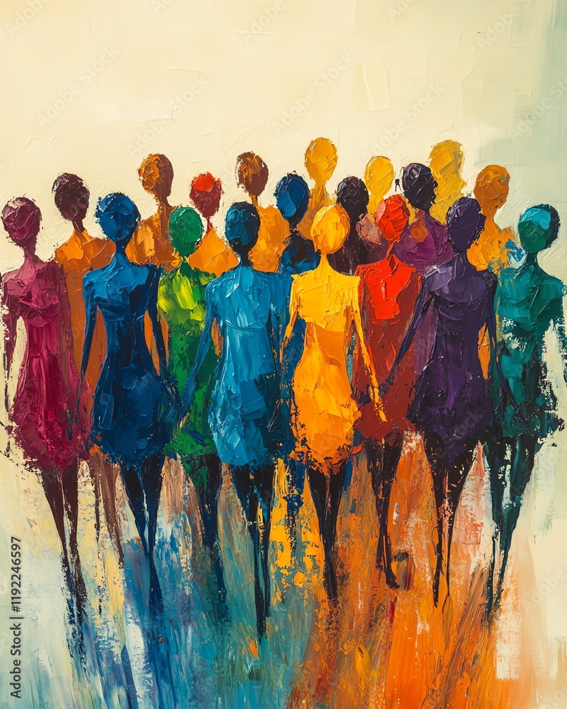 Vividly painted group of people, colorful figures representing unity, dynamic movements, abstract and expressive design, diverse forms and lively hues