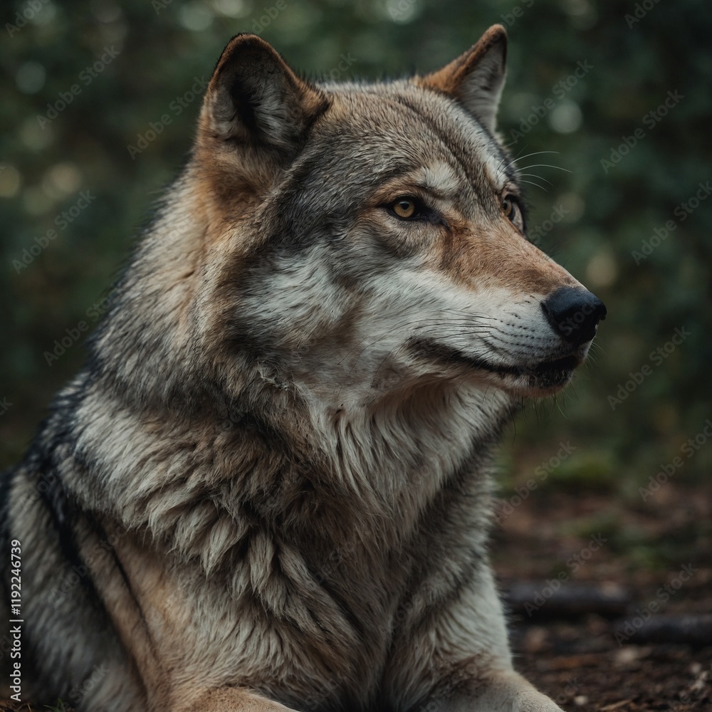 Fototapeta premium A calm and peaceful wolf sitting gracefully, looking into the distance.