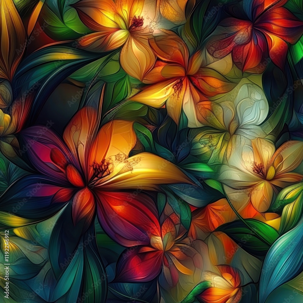Fototapeta premium Vibrant, stylized floral artwork with rich colors and intricate details, showcasing a variety of flowers and leaves in a seamless pattern.