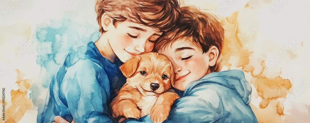 Two boys cuddling new puppy together, their faces radiating joy and warmth. scene captures heartwarming moment of friendship and love