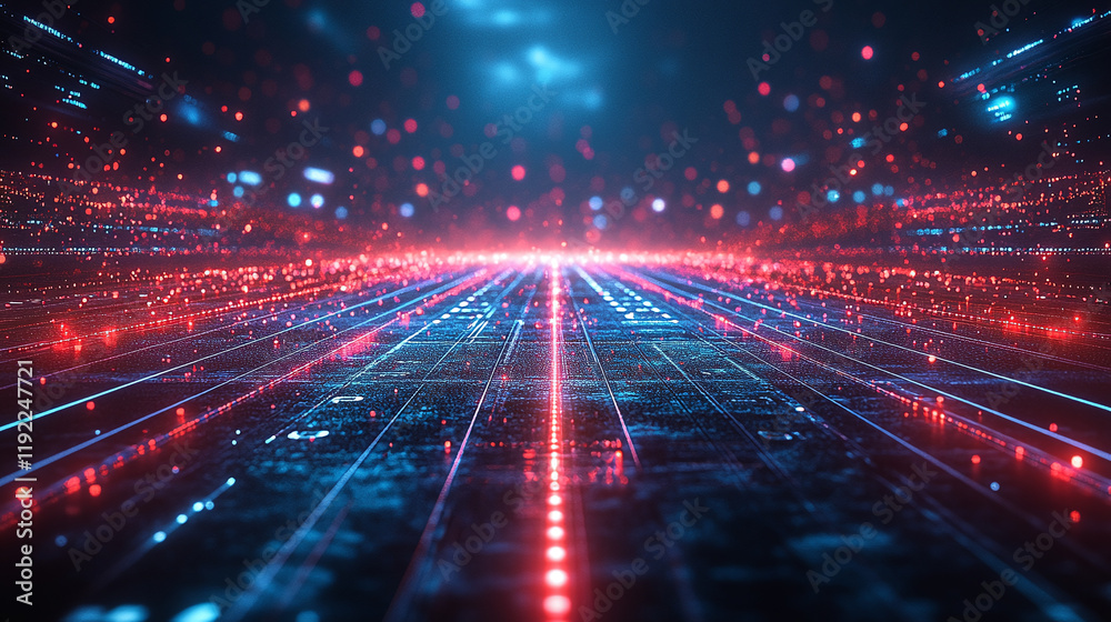 Fototapeta premium Futuristic digital landscape with glowing lines and particles, creating vibrant atmosphere. This design evokes sense of advanced technology and innovation
