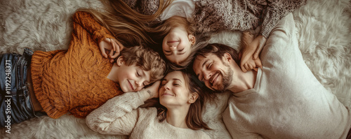 happy family laying on fluffy carpet, enjoying quality time together. Their arms are intertwined, creating warm and loving atmosphere